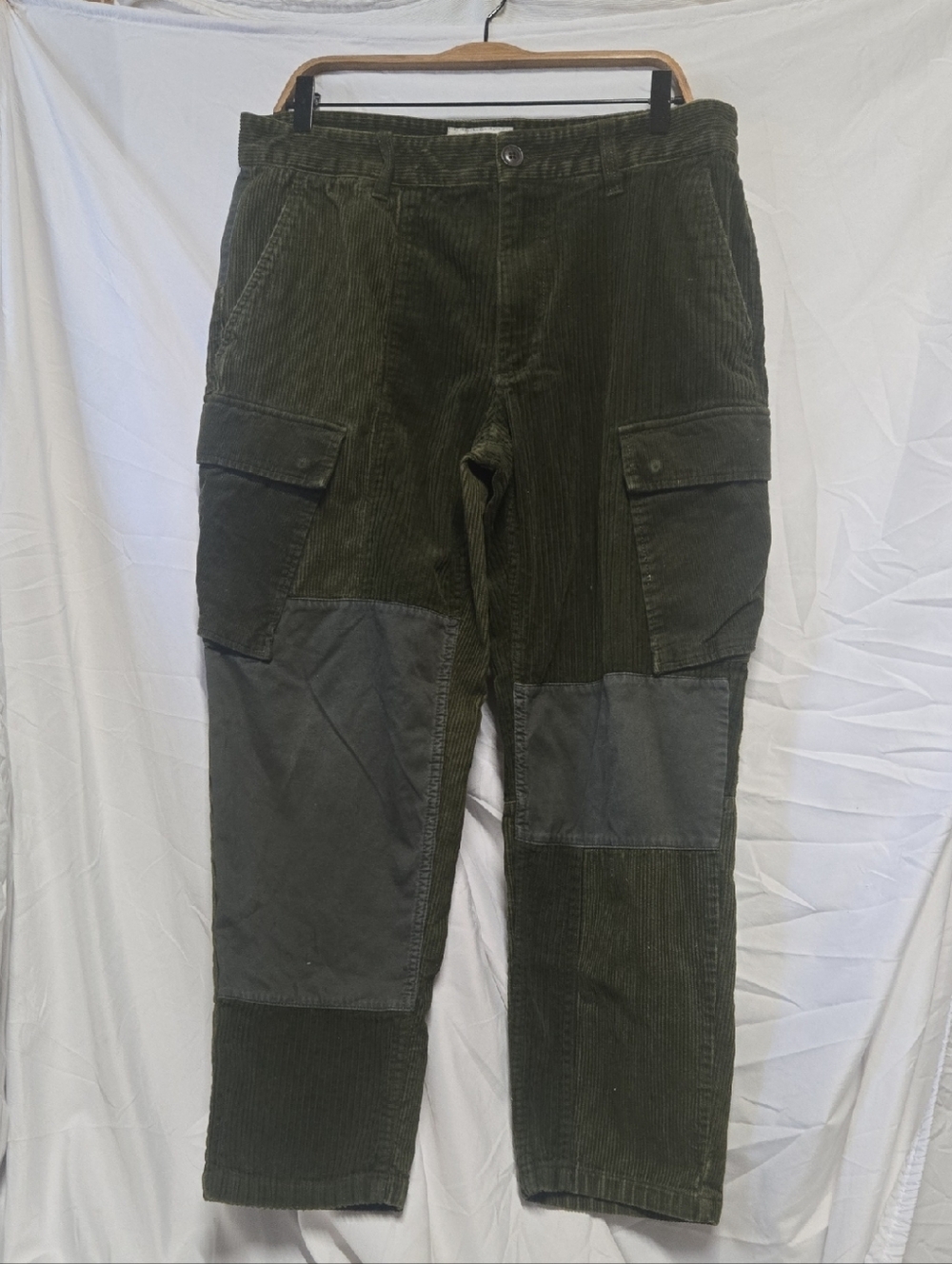 Sun + Stone Two-Tone Olive Green Corduroy Patch Cargo Pants